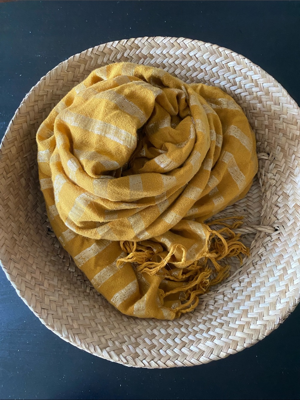 H&M Mustard Yellow Shimmery Striped Scarf with Fringe - Soft Metallic Wrap
